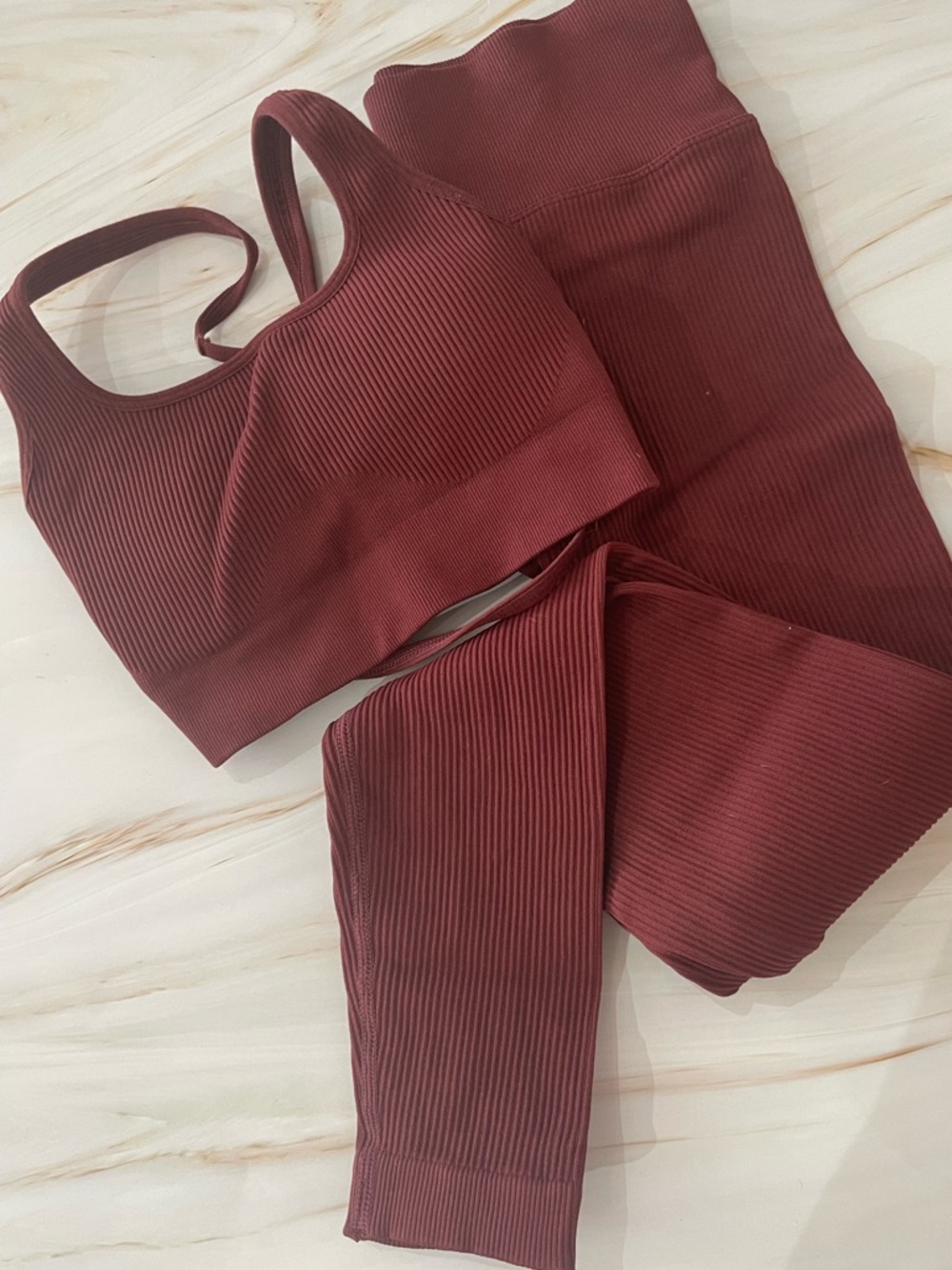 Ribbed Seamless High-Waist Leggings & Sports Bra Set - Burgundy